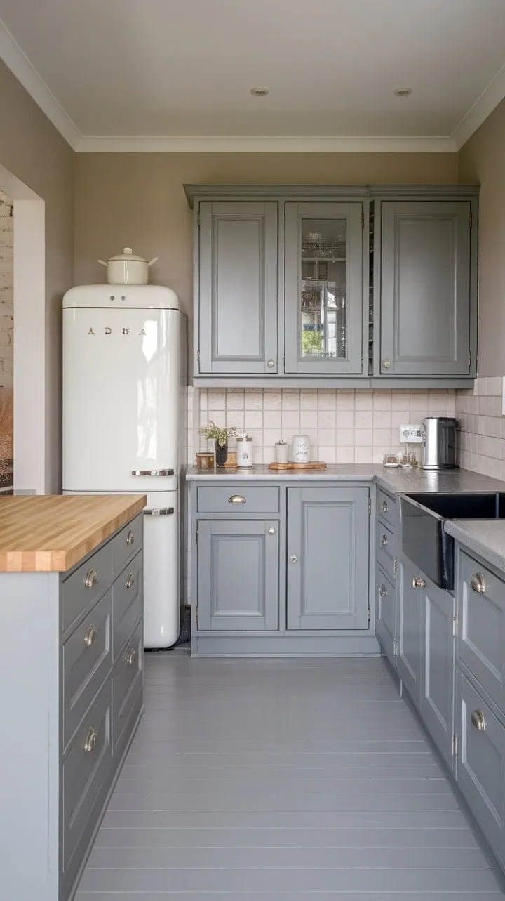 This stunning monochromatic kitchen highlights the elegance of simplicity through its harmonious interplay of grey shades.