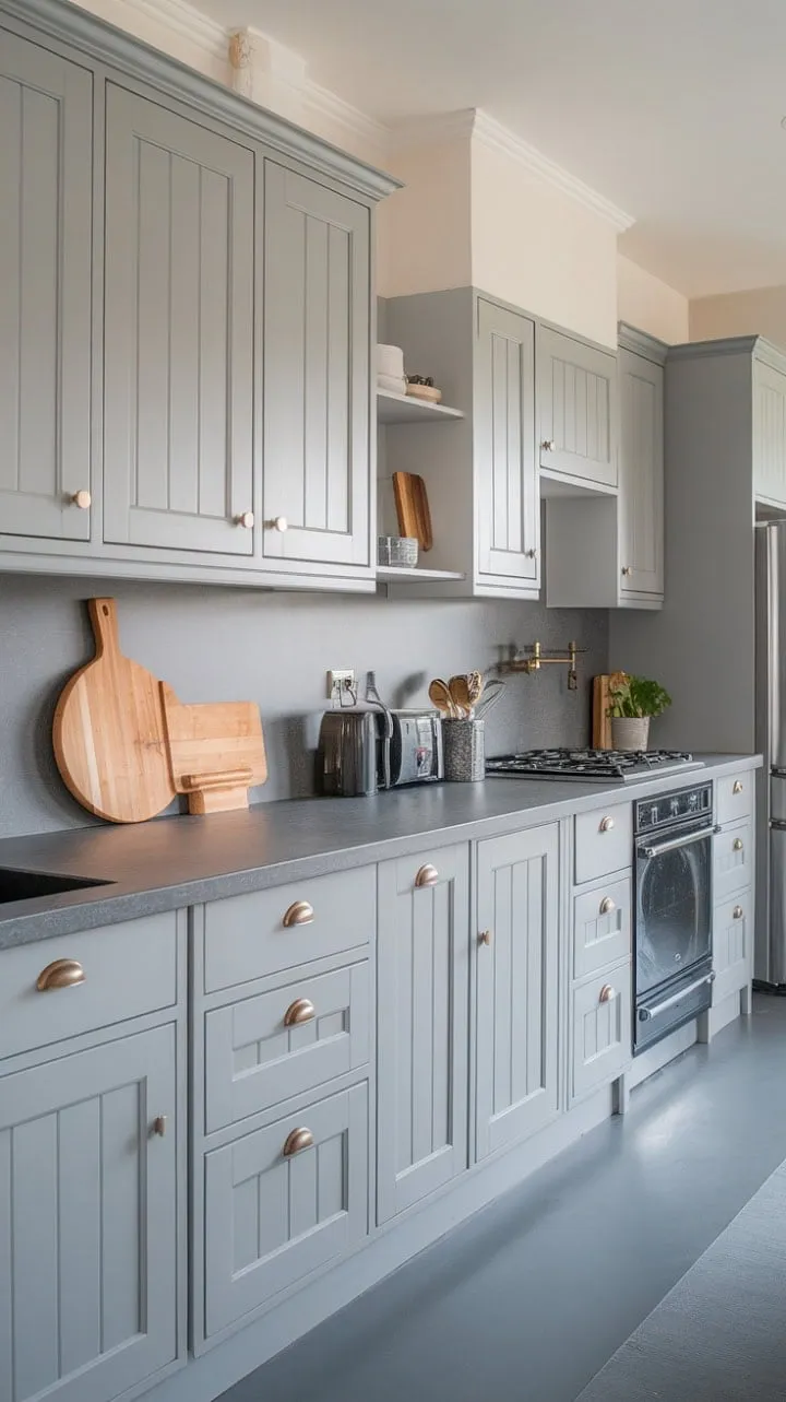 This sleek grey kitchen blends understated luxury with functionality, inviting culinary creativity amidst its serene palette.