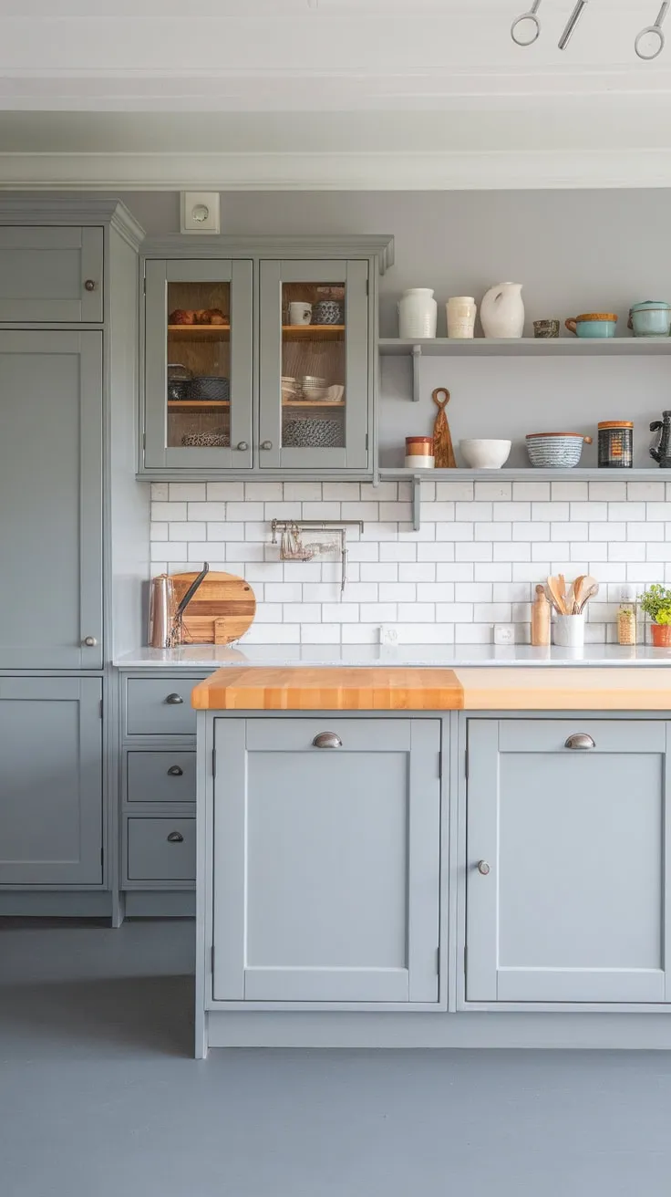 A light grey cottage-style kitchen remodel features grey cabinets topped with butcher block and matching countertops and flooring.