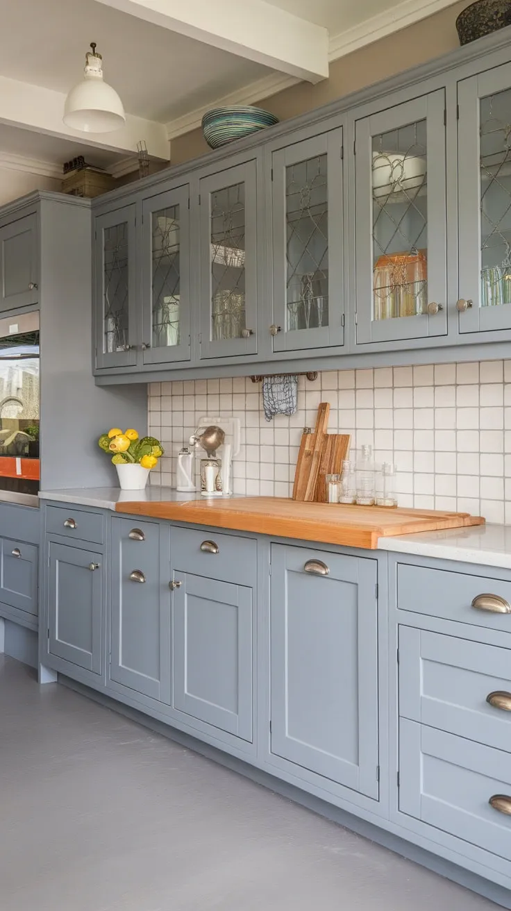A light grey cottage-style kitchen remodel features grey cabinets, butcher block countertops, and grey flooring for a cohesive modern look