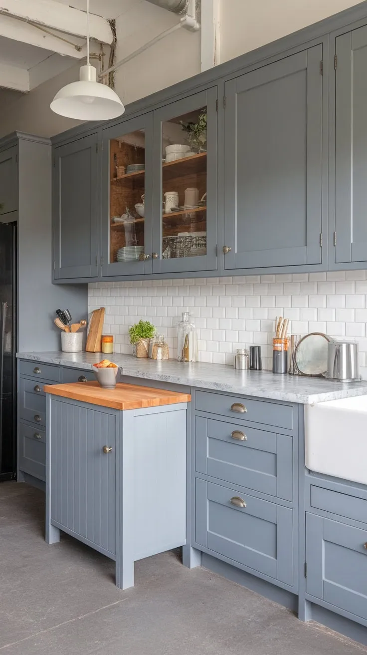 Grey tones dominate this modern kitchen remodel, creating a sophisticated and unified space with a butcher block accent.