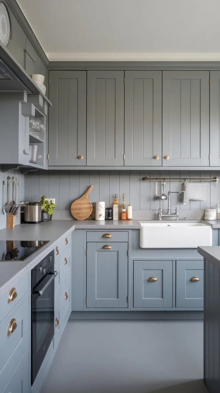Grey tones dominate this modern kitchen, from butcher block cabinets to cottage-style backsplash and flooring, creating a stylishly unified space.