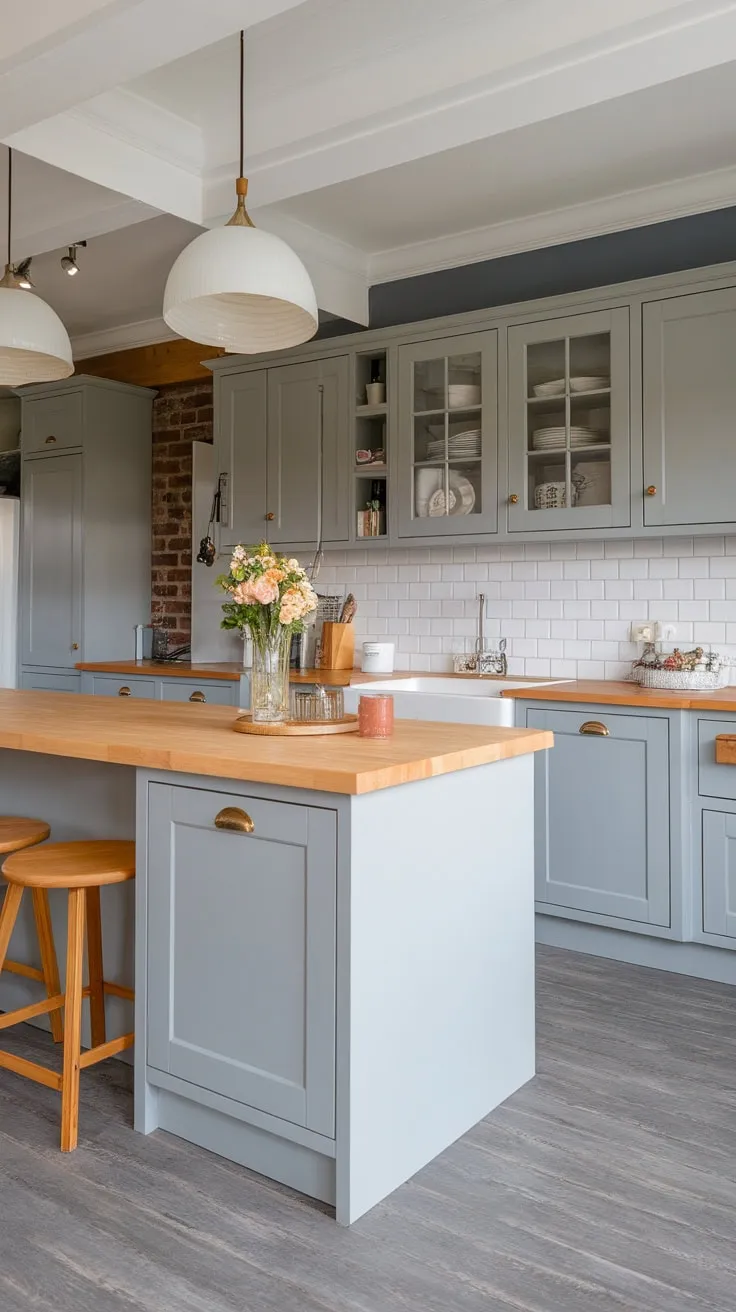 A stylish grey kitchen remodel features light countertops, grey cabinets with a butcher block island, and grey flooring for a cohesive modern cottage aesthetic