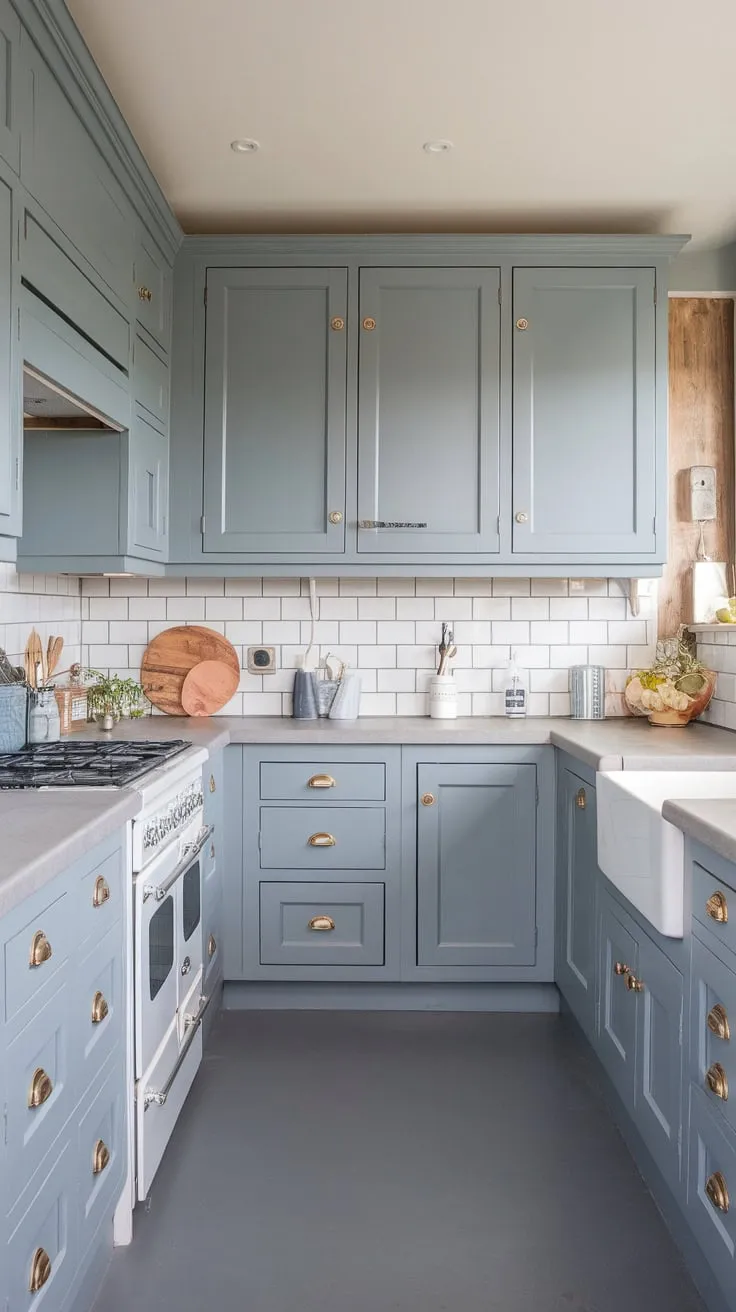 A serene grey cottage-style kitchen remodel features butcher block cabinets, light grey countertops, and white appliances for a cohesive modern look
