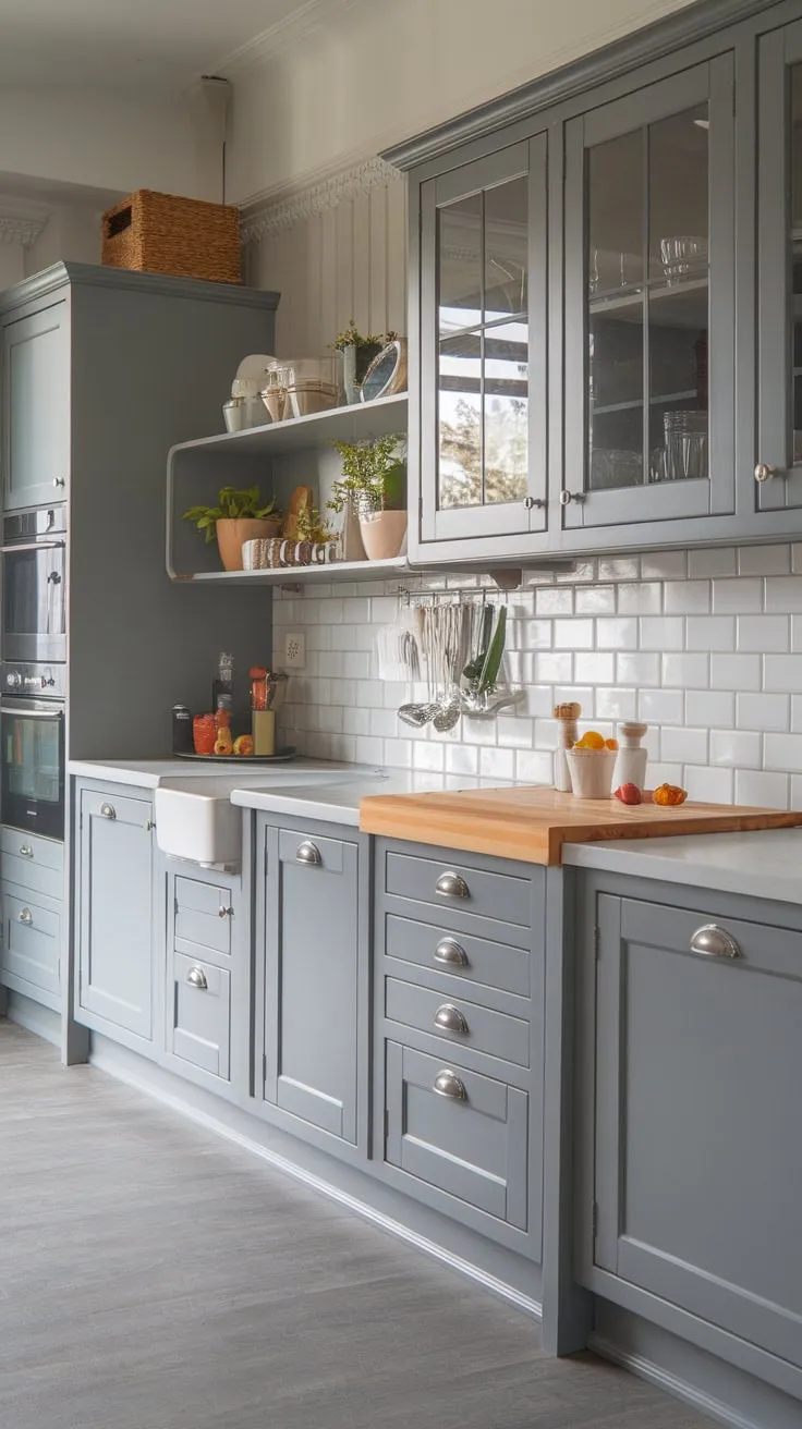 A charming grey cottage-style kitchen boasts light grey countertops, grey cabinets topped with butcher block, and grey flooring.