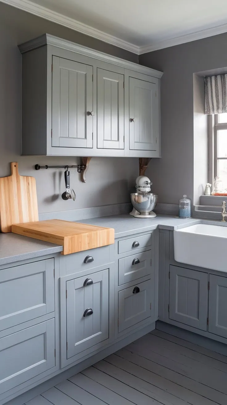 A light grey modern kitchen blends cottage style elements with sleek stainless steel and a charming butcher block island.
