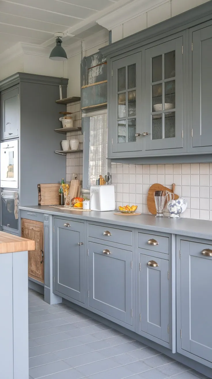 Subtle grey tones unify the cottage-style cabinets, flooring, and walls in this stylish kitchen remodel.