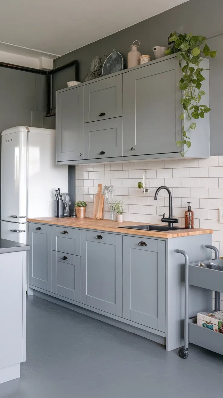 A monochromatic grey kitchen, accented by a black sink, white fridge, and a touch of green, exudes modern sophistication