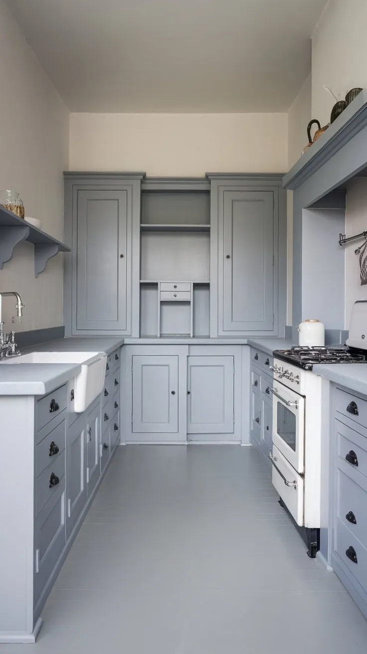 A serene grey cottage kitchen, accented with white appliances and a butcher block island, exudes modern simplicity.