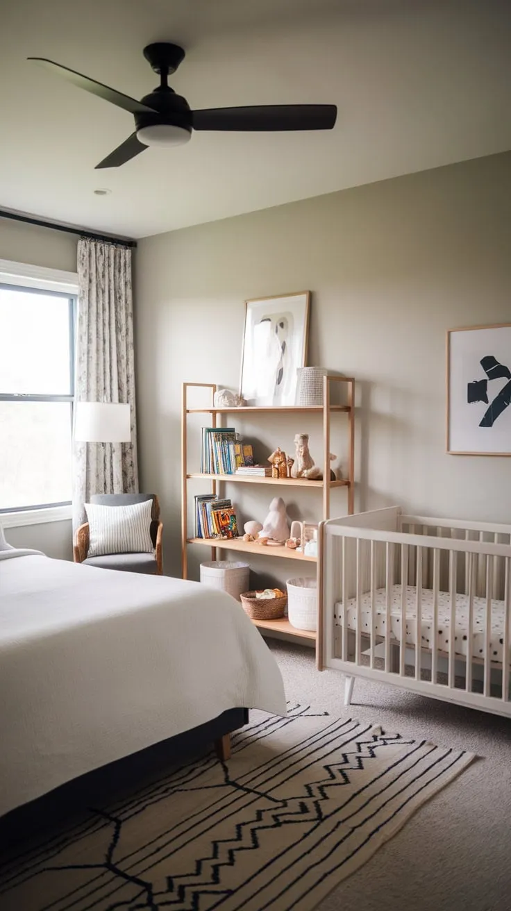 A stylish light gray guest room seamlessly blends queen-sized comfort with a nursery crib, bookshelves, and calming decor for a multi-functional space