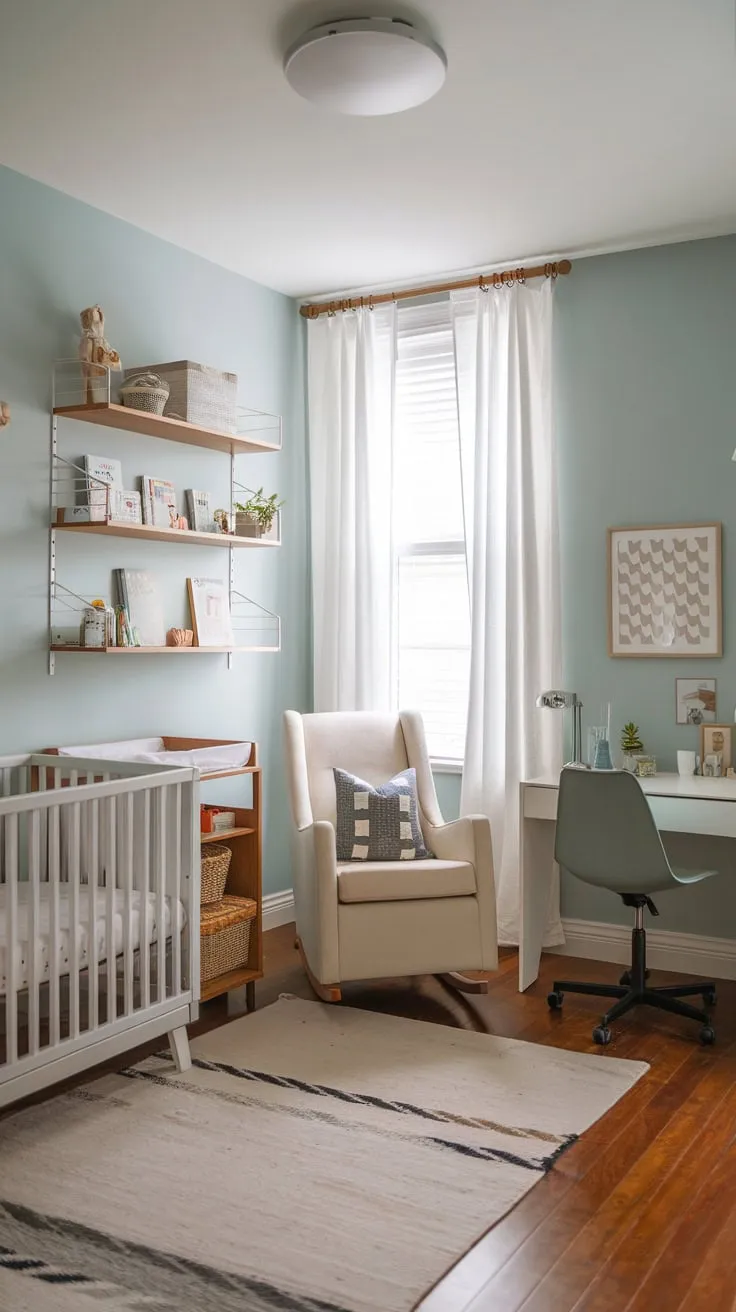 A serene light blue nursery seamlessly blends modern guest room functionality with baby's needs, featuring a crib, changing table, and workspace.