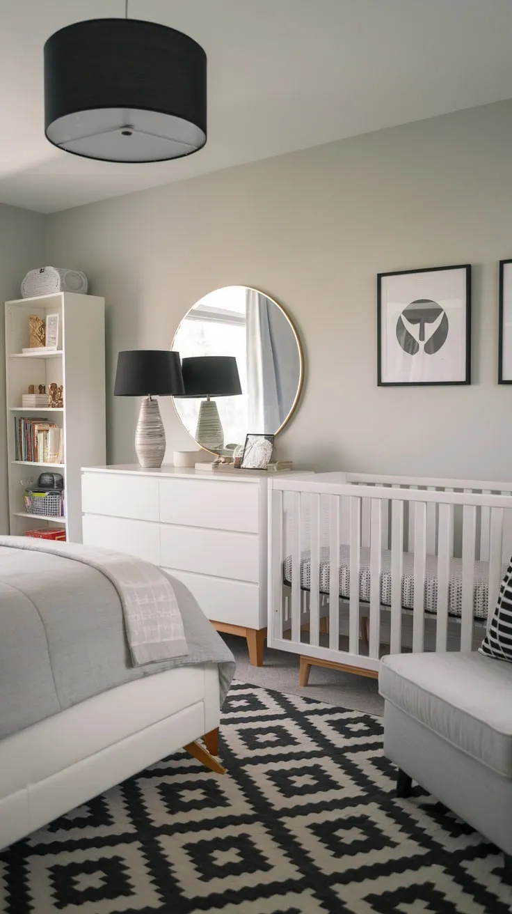 Light gray walls unify a sophisticated guest bed and a charming nursery nook featuring white furniture and subtle black accents.