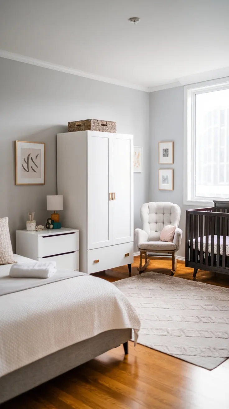 A stylish light gray guest room seamlessly blends queen-size comfort with a nursery's gentle charm, featuring hardwood floors and ample storage