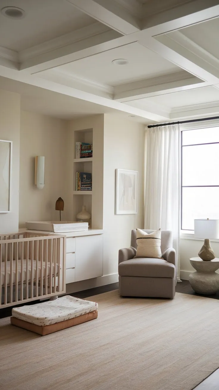 Neutral tones and clever built-ins create a stylish and functional modern guest room cleverly combined with a baby's nursery.