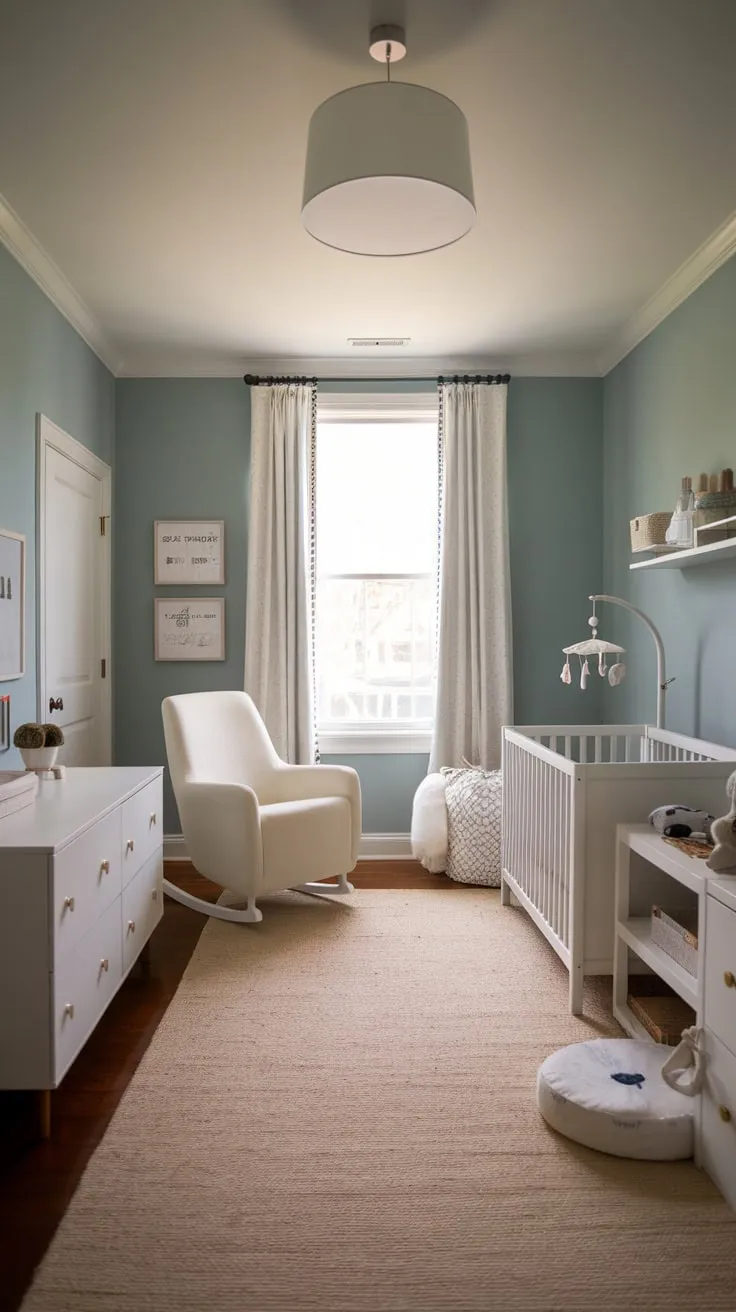 A stylish and practical modern guest room cleverly incorporates a nursery, featuring a calming blue palette and minimalist white furniture.