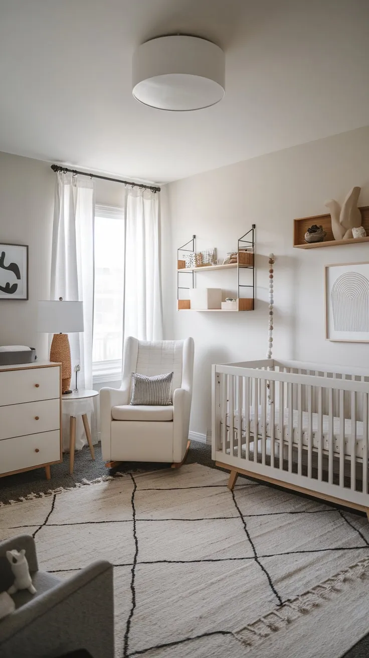 A stylish and practical space, this modern guest room cleverly incorporates a nursery with minimalist white furniture and soothing gray accents.