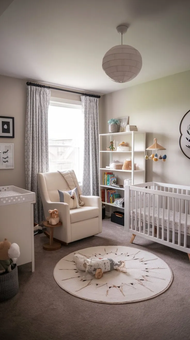 A modern nursery, seamlessly blending minimalist design with baby's essential comfort and playful charm