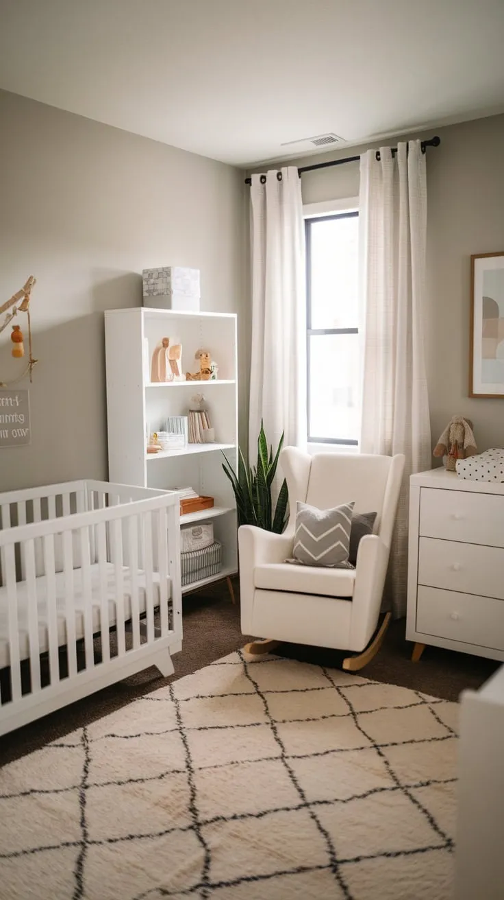 A calming modern guest room, cleverly designed as a nursery, offers a tranquil space for both visitors and baby.