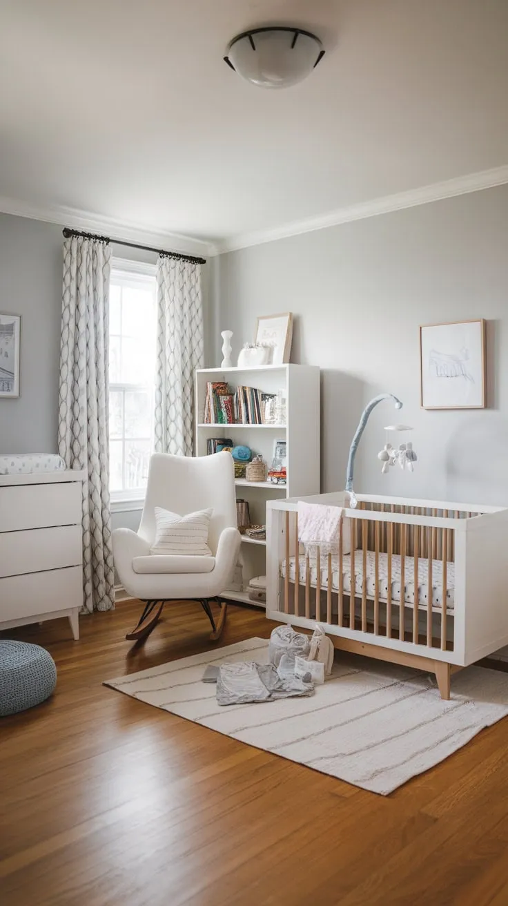 A serene light gray modern guest room seamlessly blends nursery functionality with stylish hardwood floors and calming white furniture for both parents and baby.
