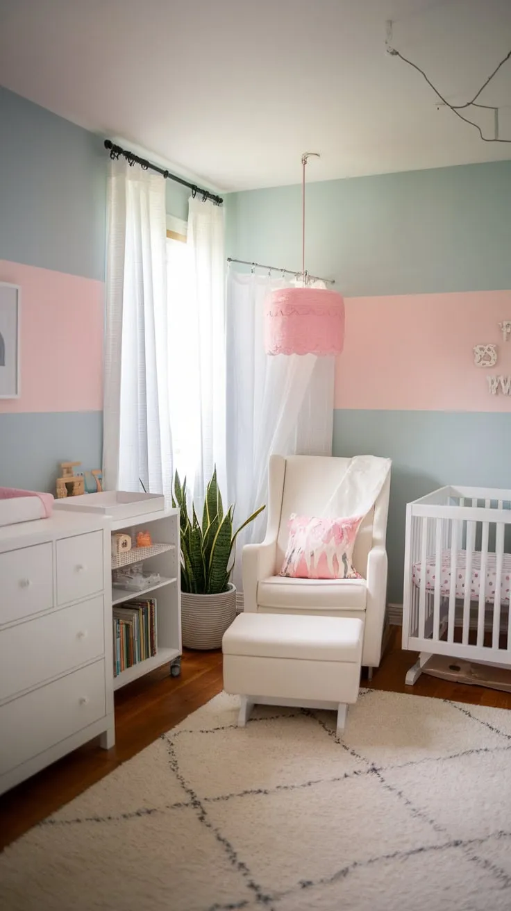 Pastel hues and minimalist white furniture create a tranquil modern guest room and nursery combo.