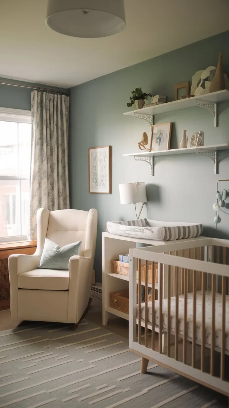 A serene modern guest room seamlessly transitions into a baby's nursery, complete with crib, changing station, and calming blue hues
