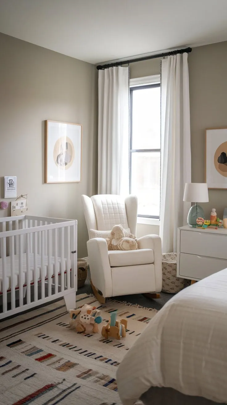 A serene light grey guest room seamlessly blends adult comfort with a minimalist white nursery, creating a tranquil multi-functional space