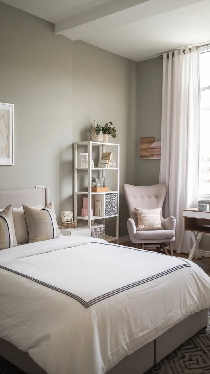 A calming grey modern guest room seamlessly blends queen-size comfort with a nursery's gentle rocking chair and ample storage, perfect for parents and baby.