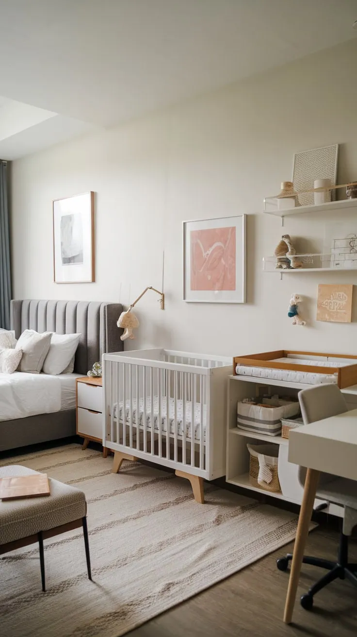 A light and airy modern guest room cleverly incorporates a crib and changing station alongside a queen bed and workspace.