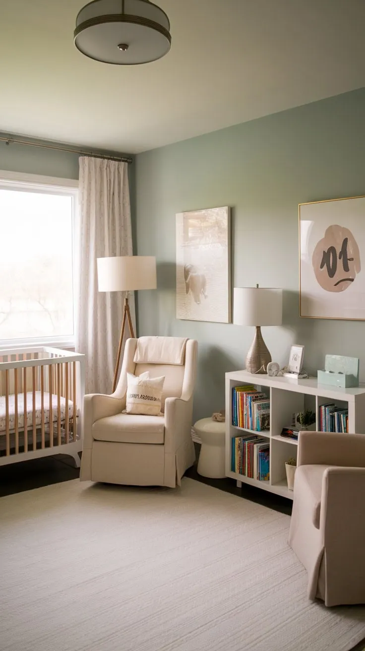 A serene soft blue guest room seamlessly blends modern comfort with a calming nursery space, featuring a white crib and armchair amidst calming neutrals.