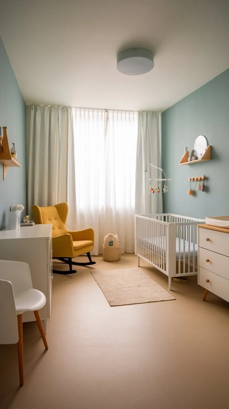 A serene soft blue and beige modern guest room seamlessly transitions into a nursery with white furniture and cheerful yellow accents.