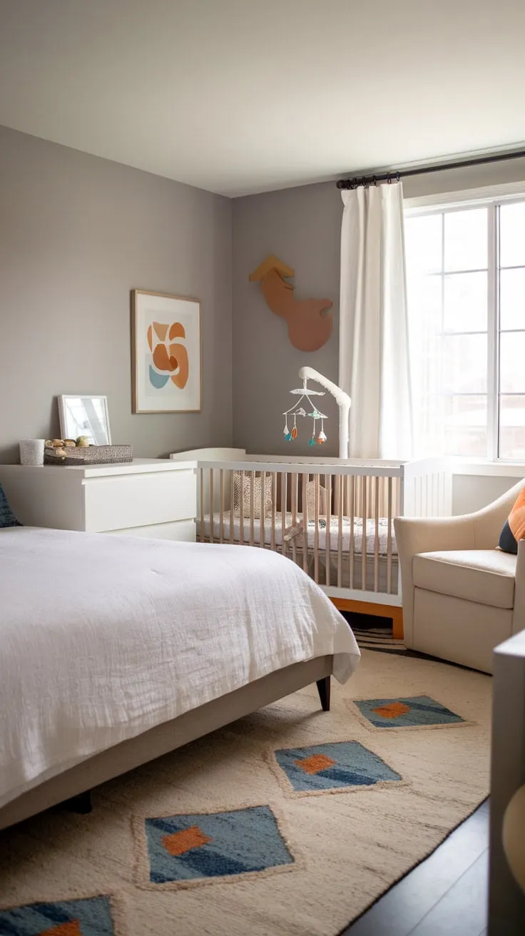 Soft gray walls and a geometric rug accentuate the stylish modern design of this dual-purpose guest room and nursery.