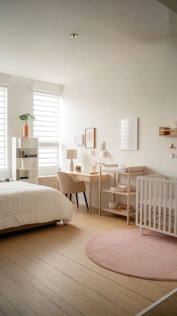 A stylish guest room cleverly incorporates a minimalist nursery, offering a tranquil retreat for both adults and baby with light wood, white walls, and subtle pink accents.