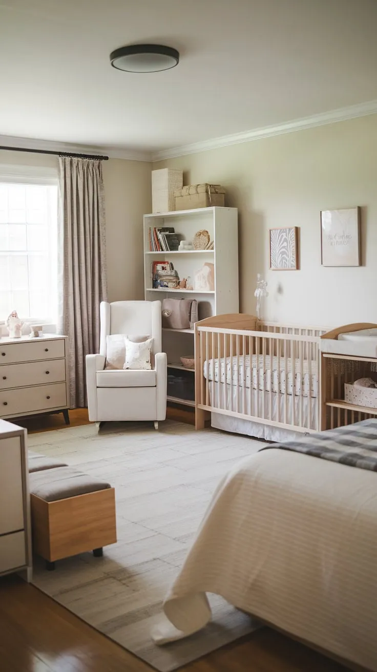 Light wood furniture and calming decor create a versatile space perfect for both baby and guests.