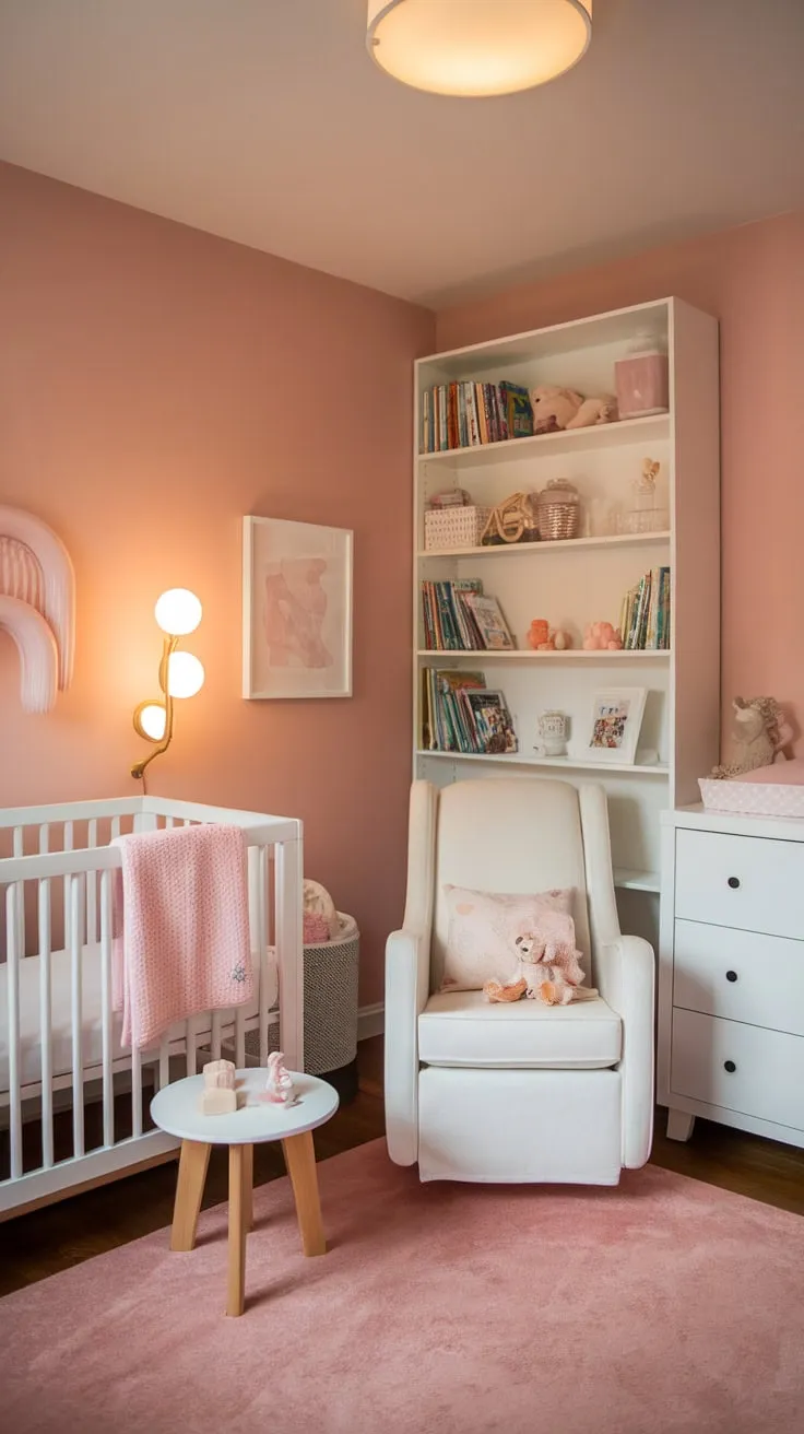 A serene pink guest room flawlessly transitions into a cozy nursery with white furniture and soft lighting, perfect for a peaceful baby's sleep