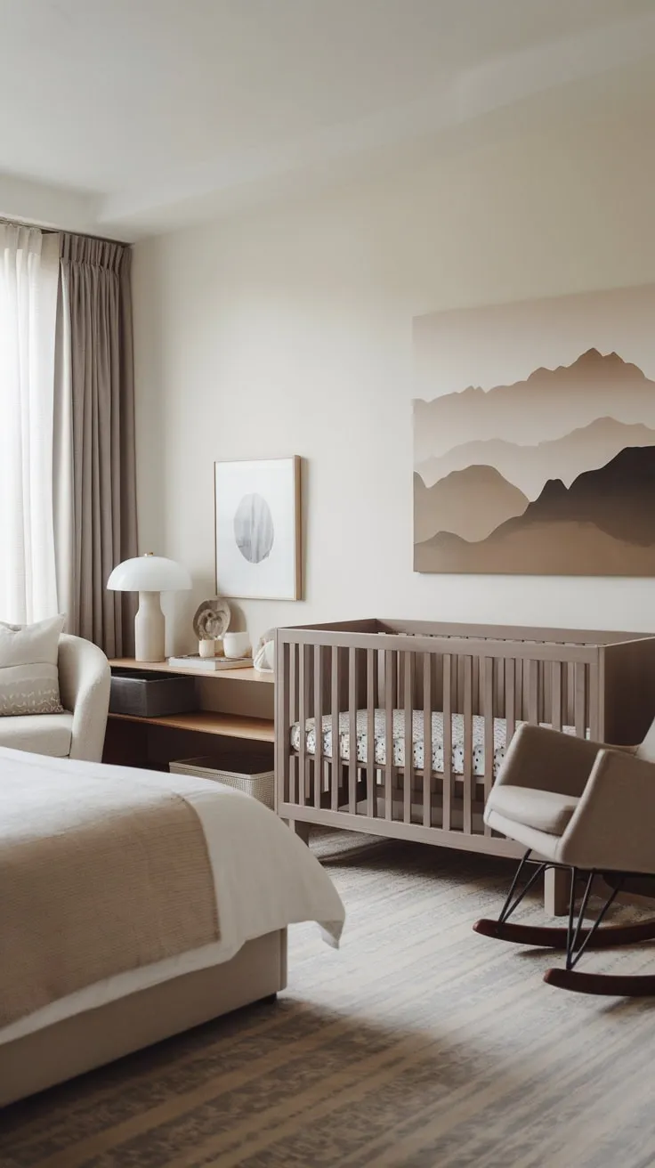 A tranquil modern guest room cleverly combines adult sleeping space and a baby's nursery in a neutral palette, complete with a crib, rocking chair, and minimalist decor.