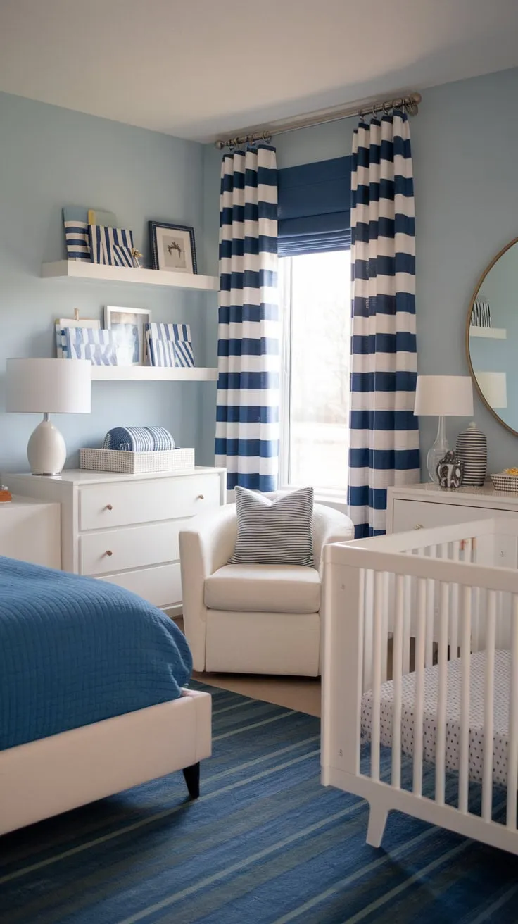 A light blue and white haven offers a tranquil modern guest room and nursery, perfectly combining comfort and style.