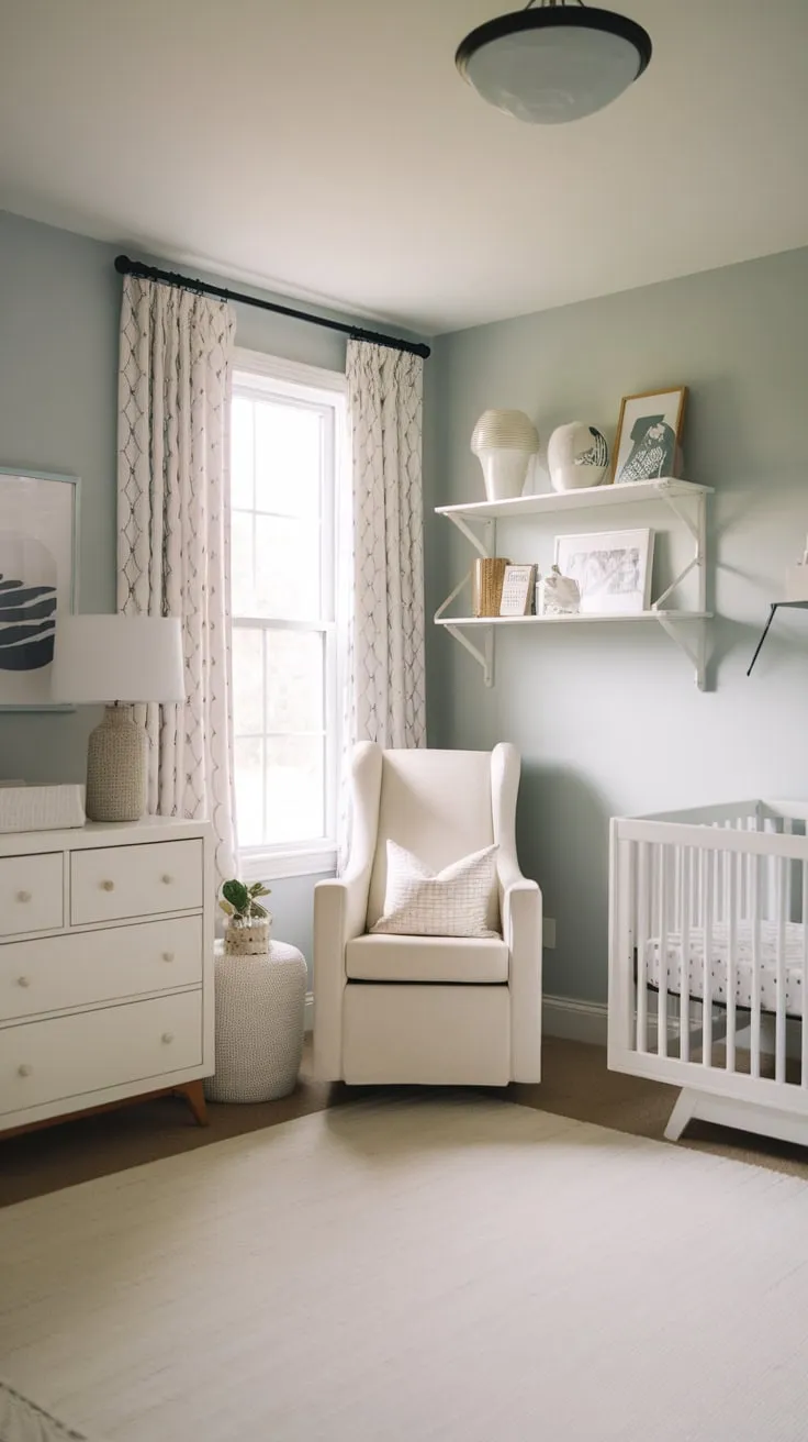 A calming light blue nursery and guest room combination features white furniture creating a peaceful space for both parents and baby.