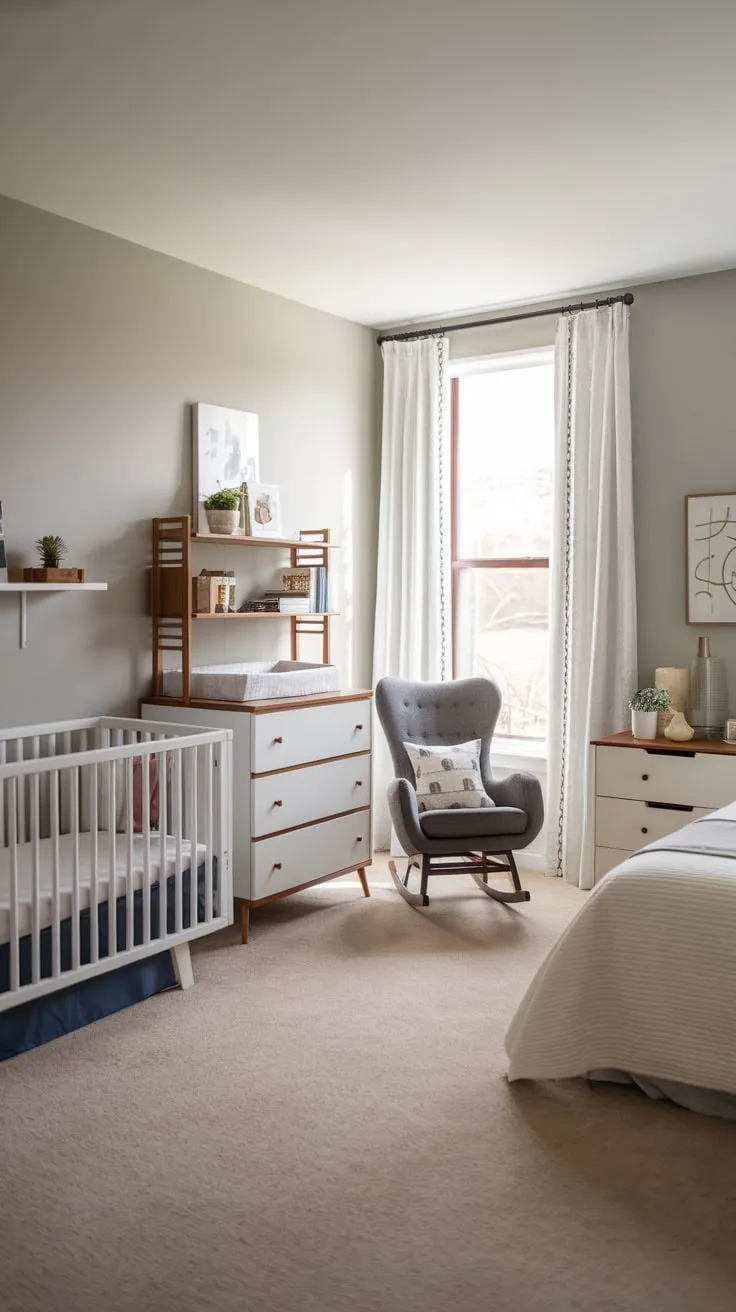 A modern guest room cleverly combines adult and baby spaces, offering a queen bed, crib, changing table, and calming neutral tones.