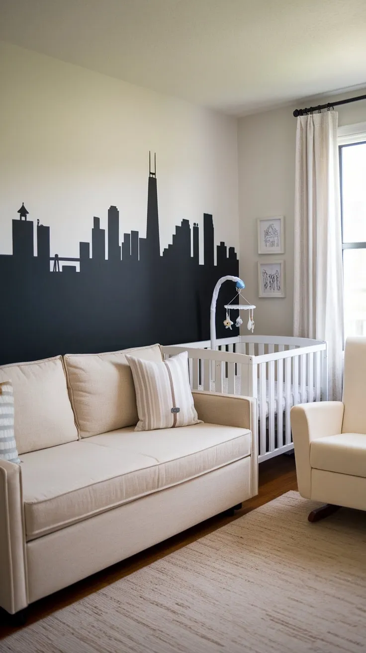 A stylish modern guest room seamlessly blends relaxation and baby's needs with a beige sofa bed, white rocker, and charming city-themed nursery accents.