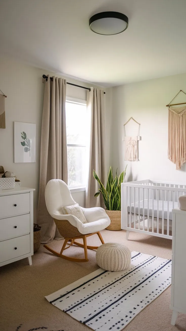 A serene modern guest room seamlessly blends nursery functionality with calming white tones and subtle beige accents, creating a peaceful haven for both adults and baby.
