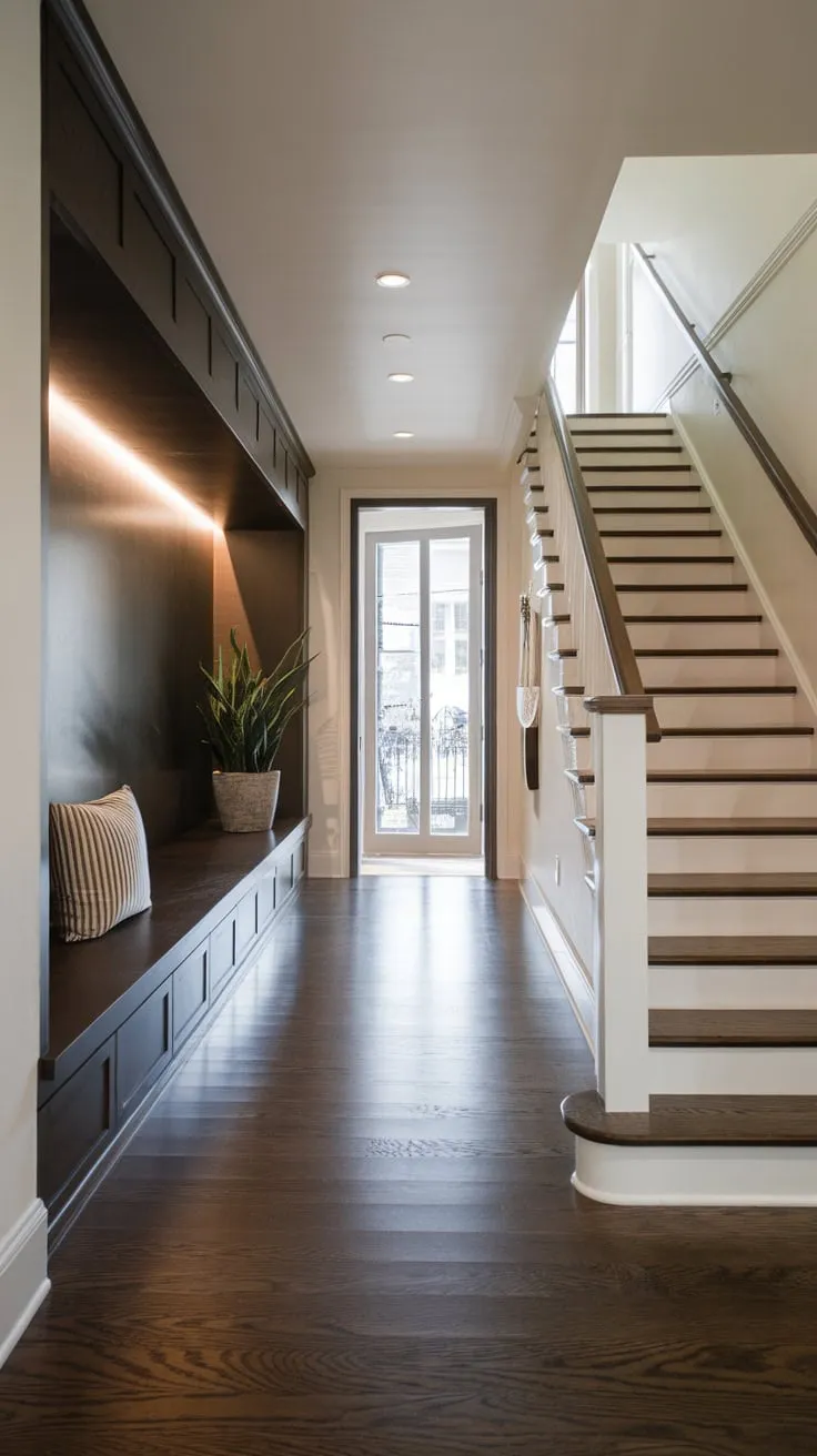 Bright lighting illuminates a luxurious modern hallway featuring a long, narrow foyer, a statement staircase, and practical built-in storage.