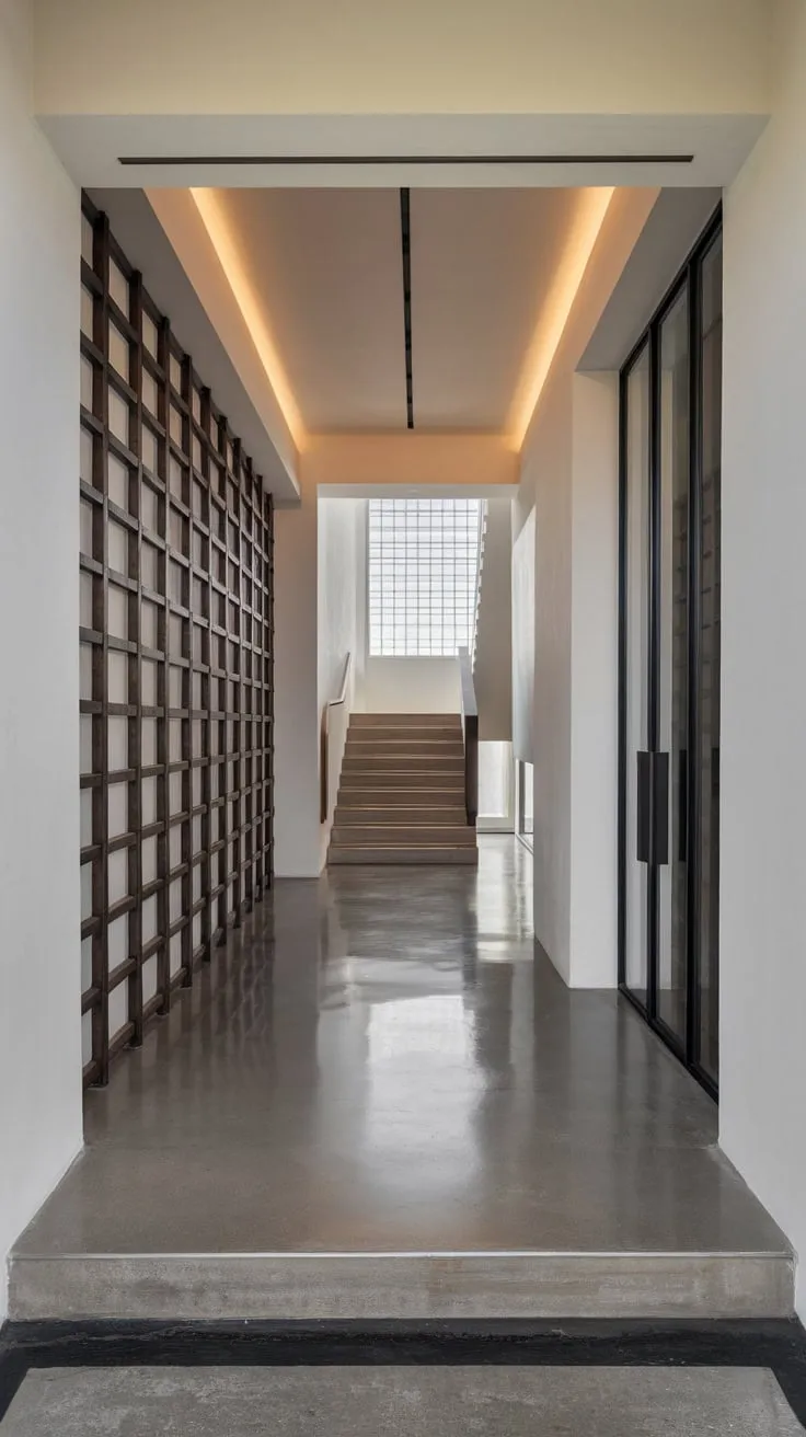 Minimalist elegance defines this modern hallway, its polished concrete floor and white walls culminating in a statement staircase and uniquely patterned feature wall.