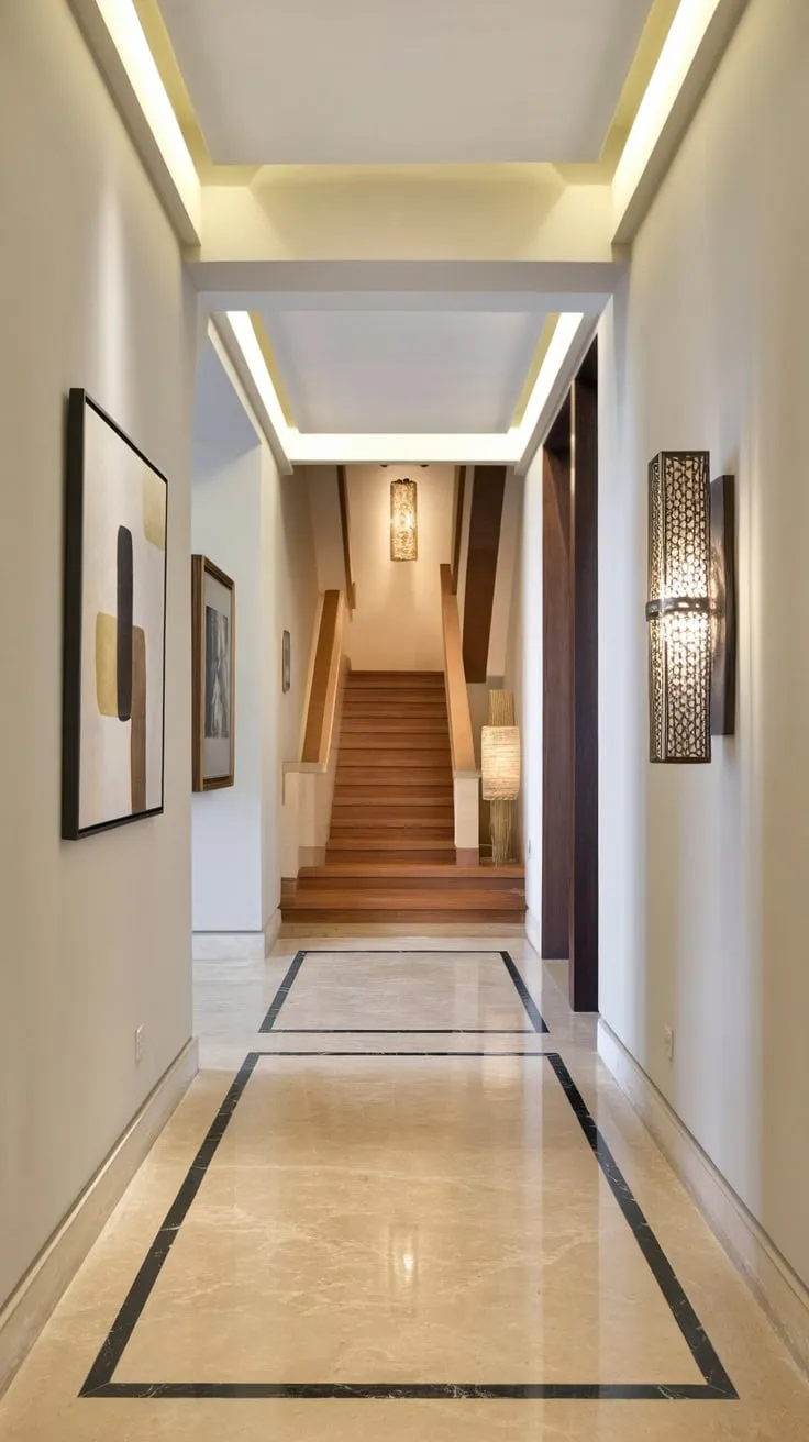 A sleek minimalist hallway boasts a luxurious entrance, culminating in a wooden staircase and beige marble floors under modern art.