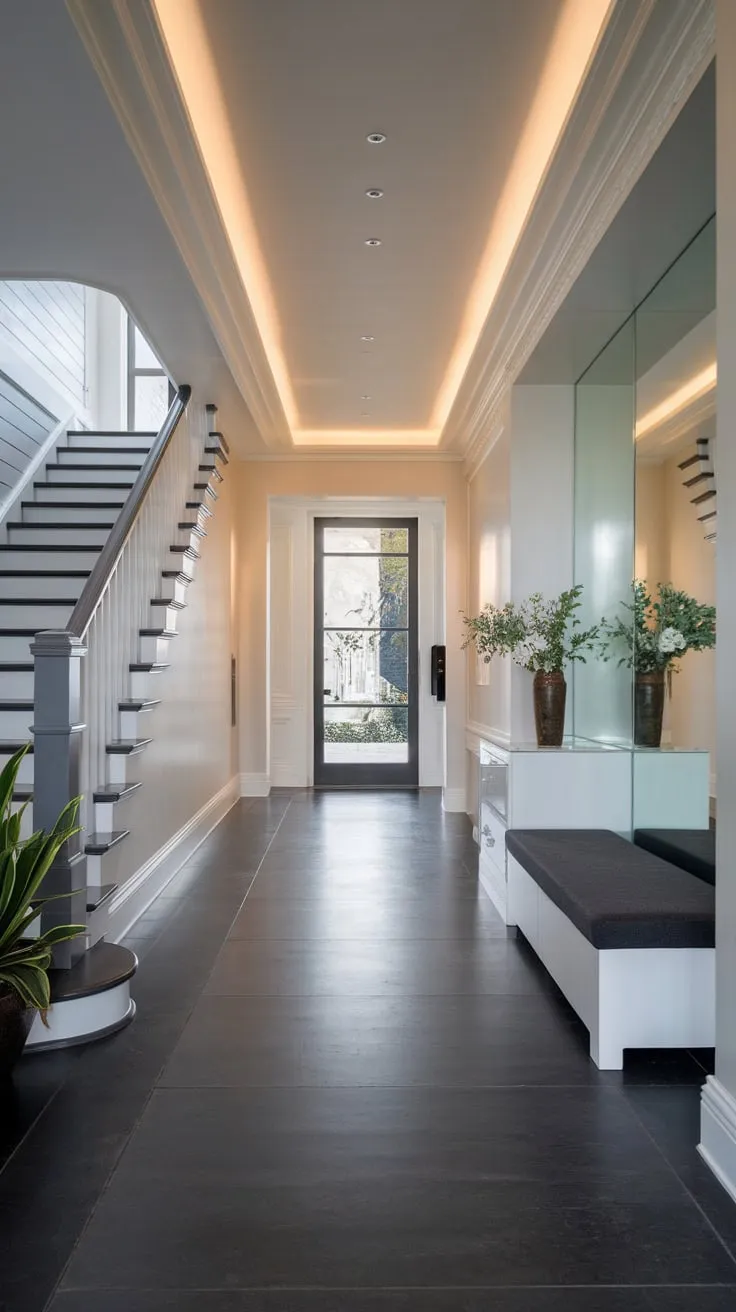 A sleek modern hallway boasts a dramatic dark grey floor, white walls, and stylish built-ins creating a luxurious entryway