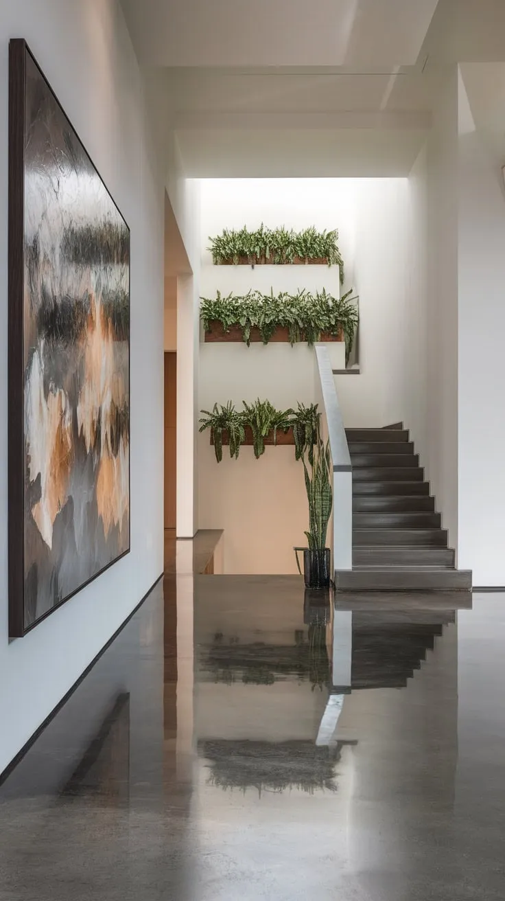 A luxurious modern entryway features an abstract painting, minimalist staircase, and potted plants against a polished concrete floor for a clean elegant design.