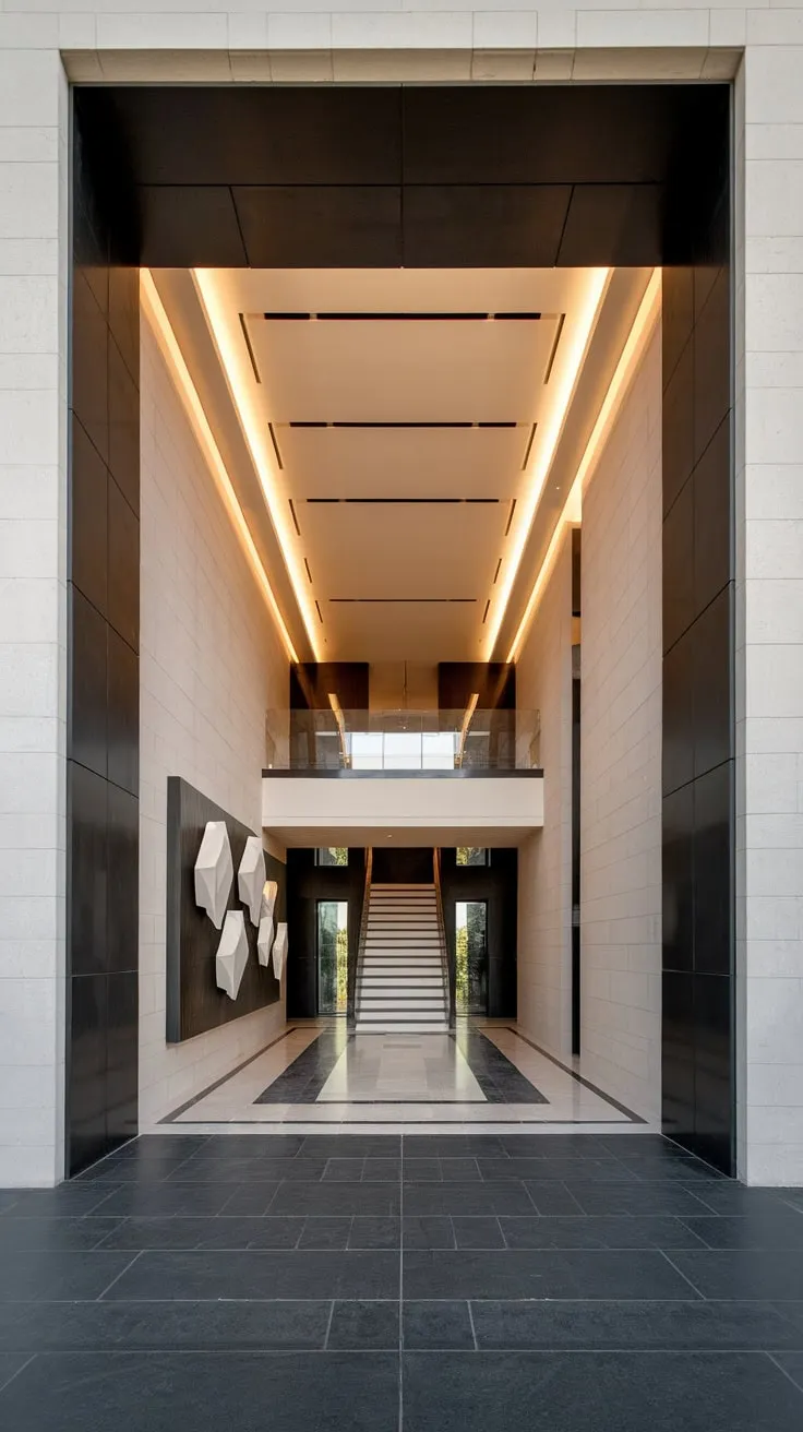 A sleek modern hallway boasts a dramatic black-and-beige contrast, a floating staircase, and minimalist geometric accents.