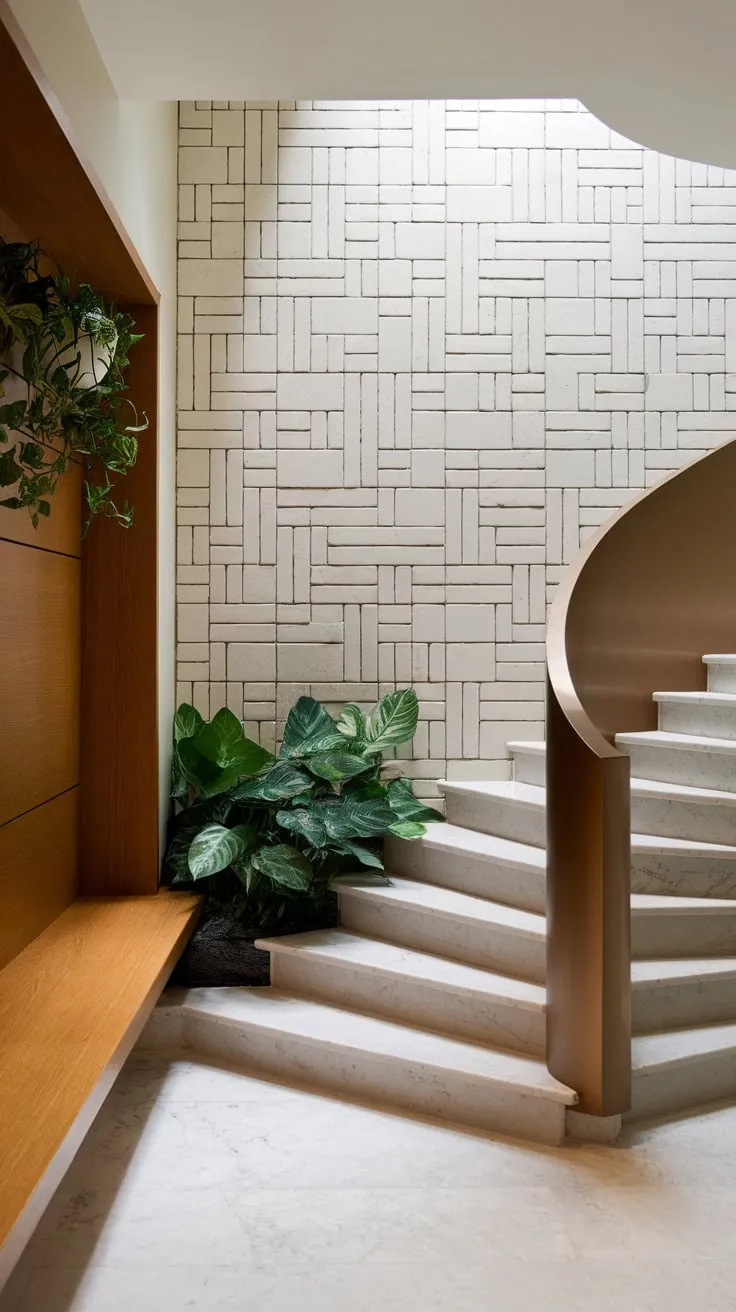 A sleek modern hallway boasts a luxurious entrance, a curved staircase with black railing, geometric tilework, and a marble floor accented by a built-in wooden bench and potted plants