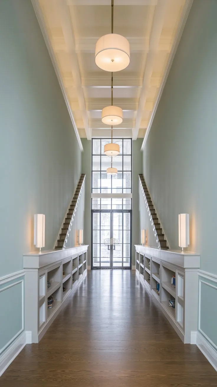 A sleek modern hallway bathed in soft gray light features dark wood floors, stylish pendant lamps, built-in shelving, and a glass-door exit, creating a bright and open atmosphere