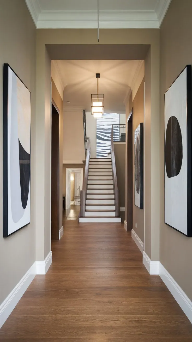 Neutral walls and wooden planks highlight a long, elegant modern hallway featuring a central staircase and stylish art, culminating in a luxurious entrance.