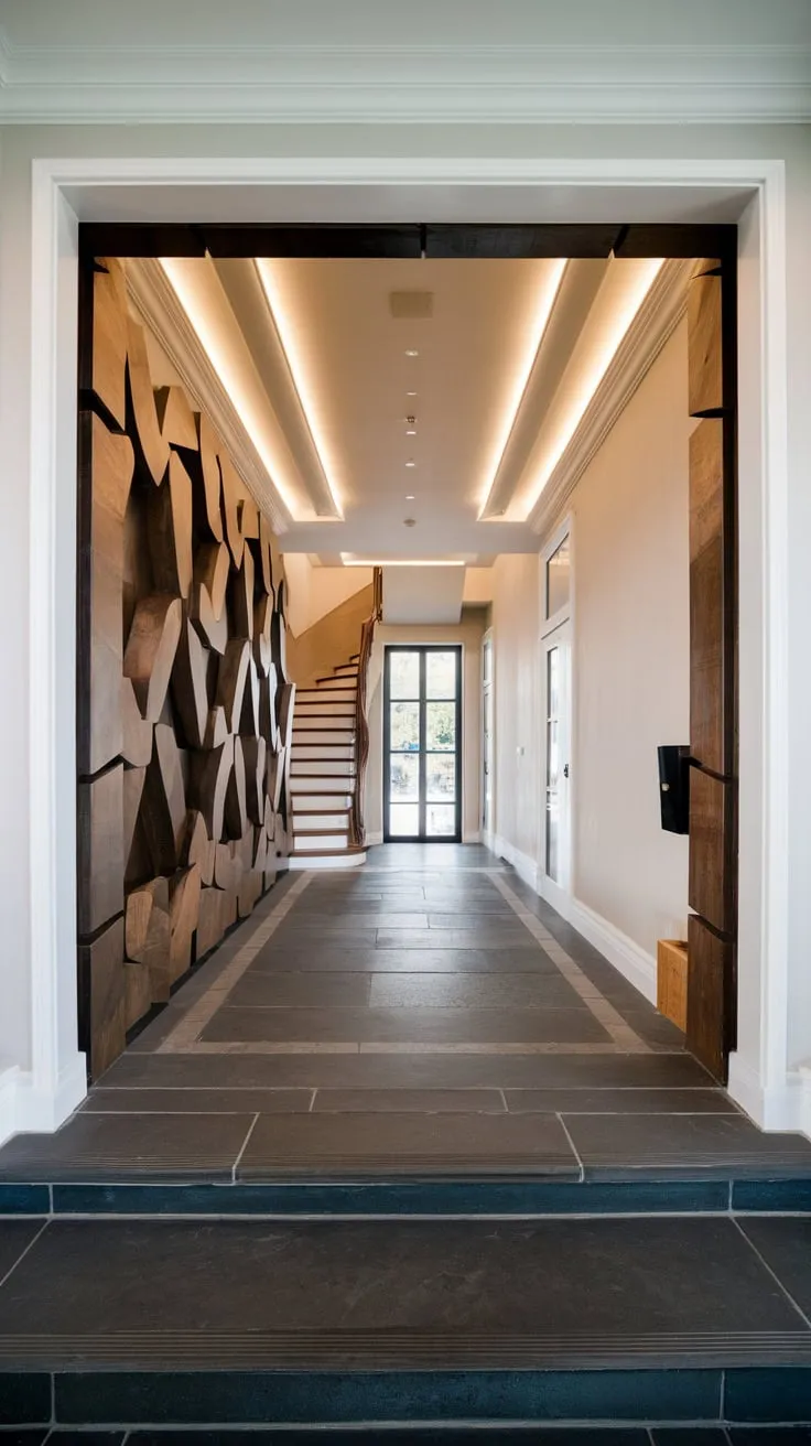 A sleek modern hallway boasts geometric wood accents on a dark grey tiled floor, leading to a bright, recessed-lit space.
